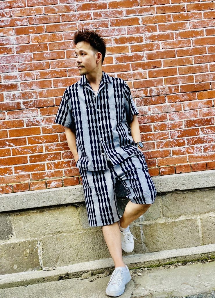久留米絣開襟シャツ+ショートパンツ