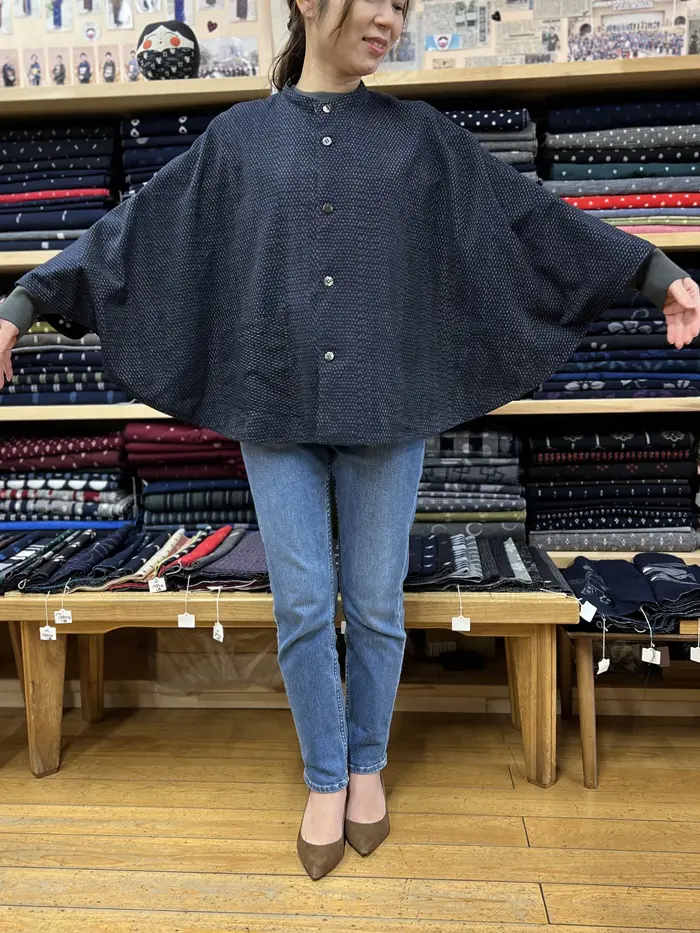 F566】受注販売＊久留米絣リバーシブルマント（梅鉢柄・蚊絣柄