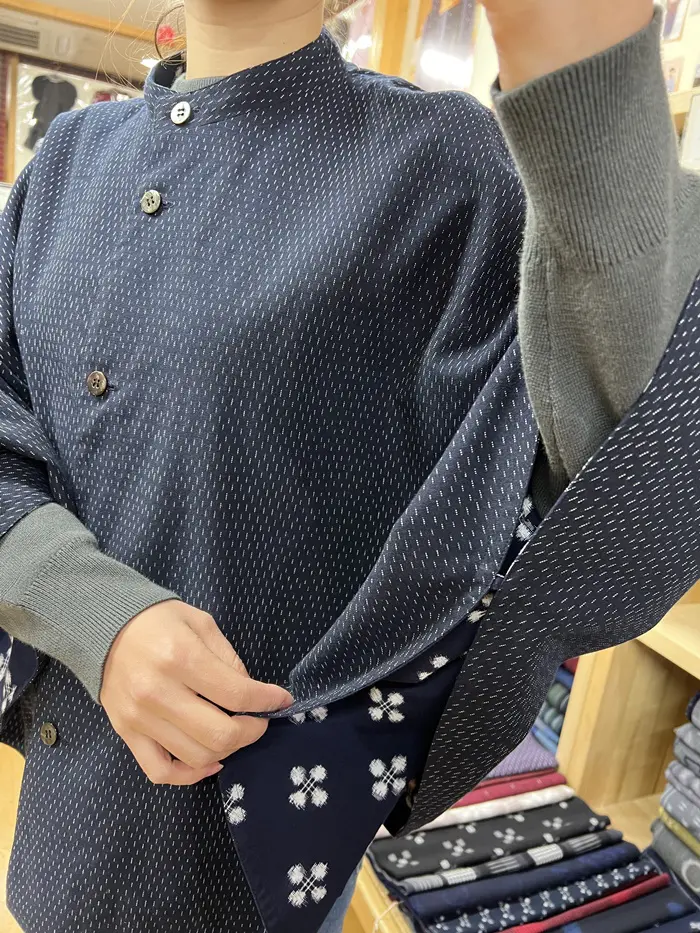 F566】受注販売＊久留米絣リバーシブルマント（梅鉢柄・蚊絣柄