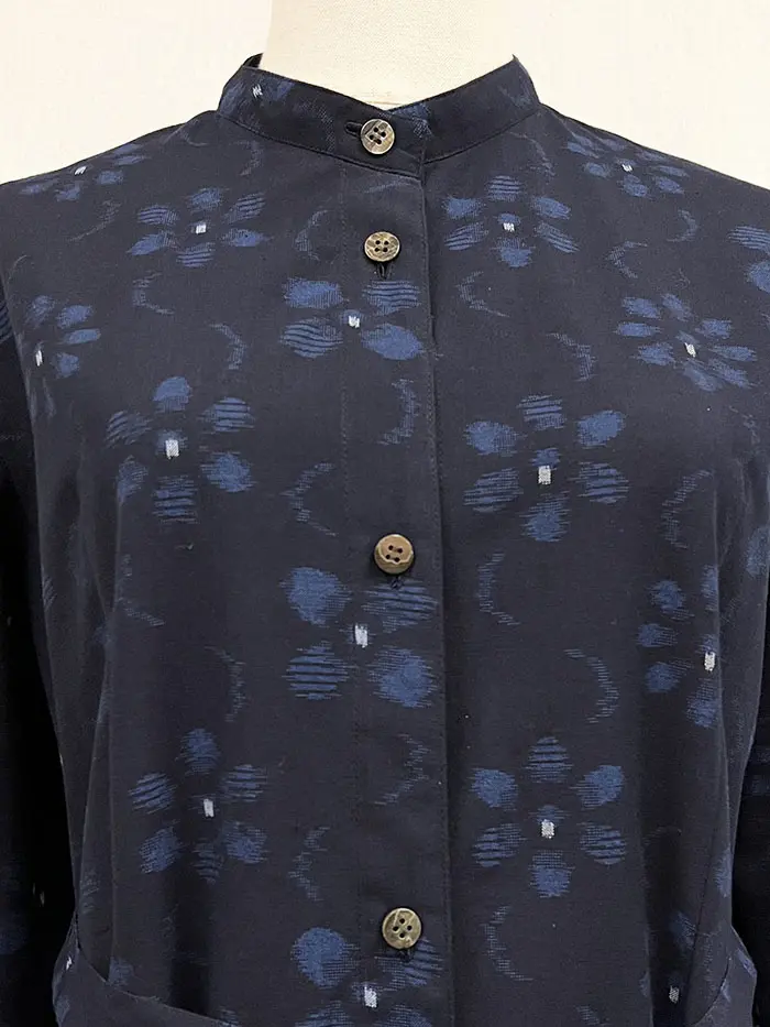 F643】久留米絣 シャツワンピース・コートワンピース（花柄/濃紺