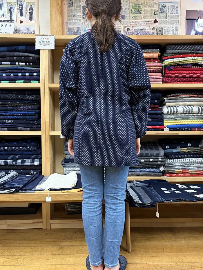 SAM25】レディース 久留米絣の上っ張り（あられ柄 紺/白）女性用